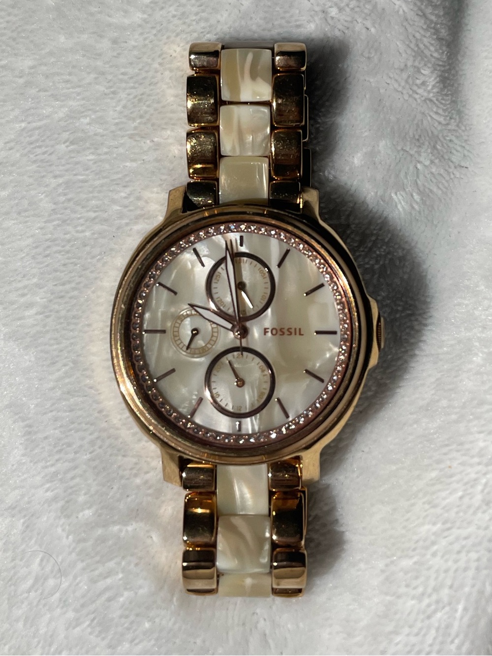 Fossil Women's Rose Gold Tone & Cream Acetate Multifunction Watch |Crystal Bezel
